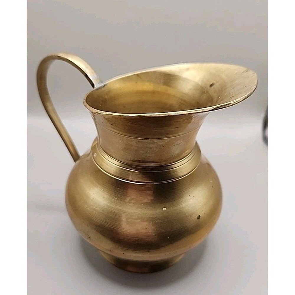 Vintage Solid Brass Pitcher Jug Vase Made In India 4.5" Decor Accent Patina